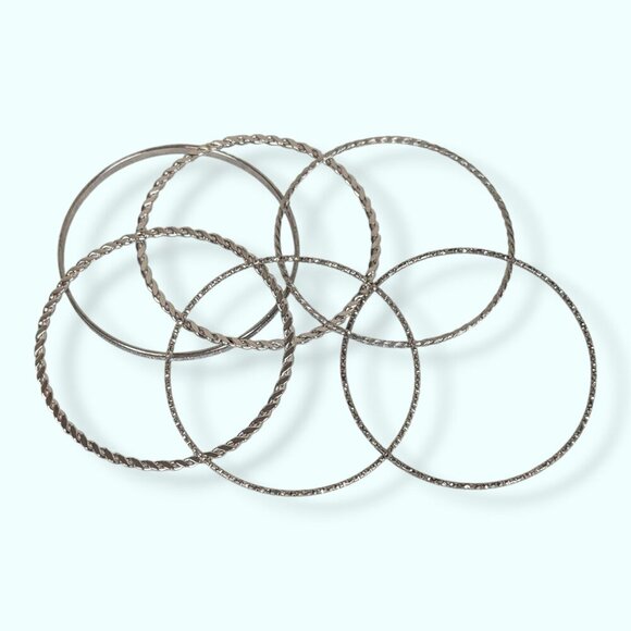Set of 6 Silver Tone Bangle Bracelets - Picture 3 of 4
